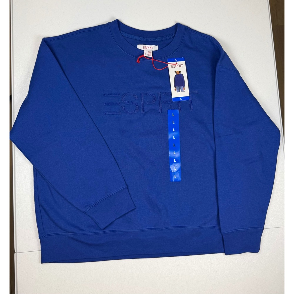 NEW ESPRIT Women's Large Retro Logo Fleece Crew Sweatshirt Blue Viral Costco 80s